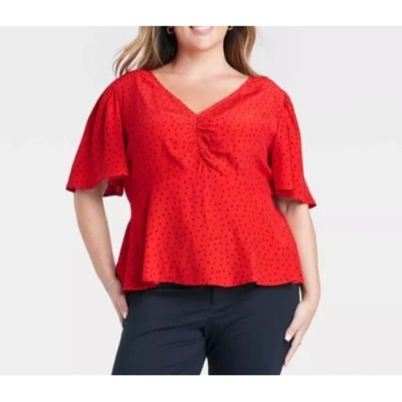 A New Day Polka Dot Vneck Shirt Womens XXL Red New Flutter - Picture 1 of 10